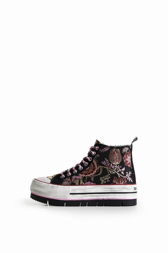 Asian Patchwork High-Top Platform Sneakers Asian Patchwork High-Top Platform Sneakers