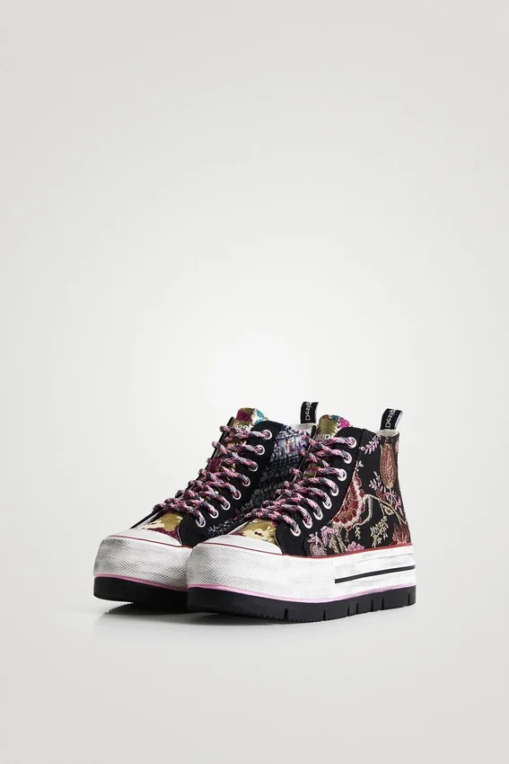 Asian Patchwork High-Top Platform Sneakers Asian Patchwork High-Top Platform Sneakers