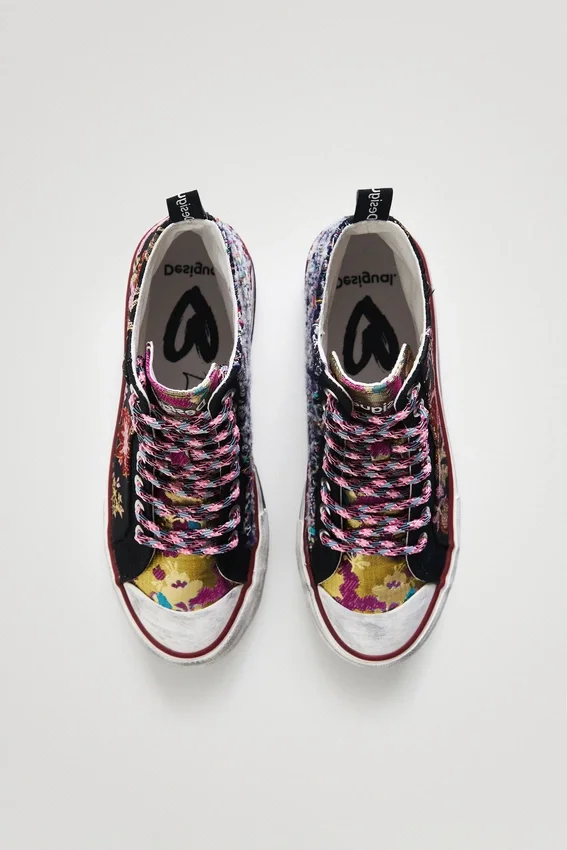 Asian Patchwork High-Top Platform Sneakers Asian Patchwork High-Top Platform Sneakers