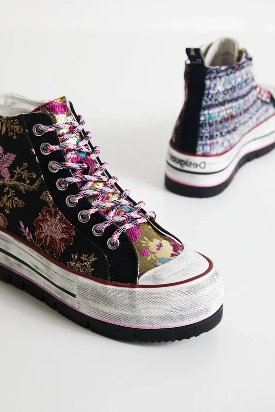 Asian Patchwork High-Top Platform Sneakers Asian Patchwork High-Top Platform Sneakers