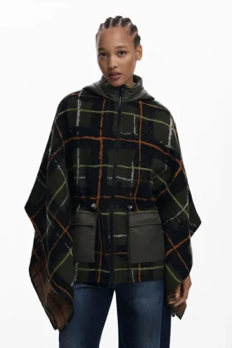 Checkered Poncho with Padded Hood