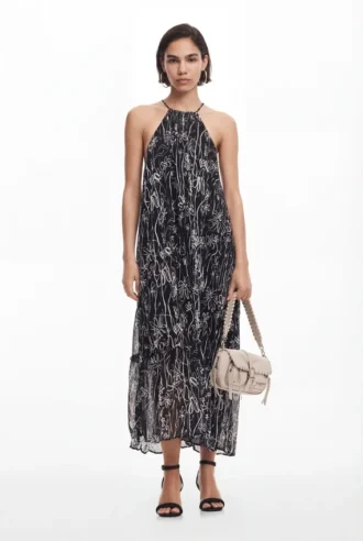 Halter Dress with Floral Illustrations