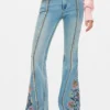 Jeans Trousers with Flower Topstitching