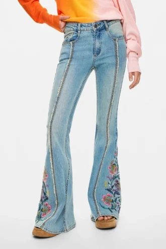 Jeans Trousers with Flower Topstitching
