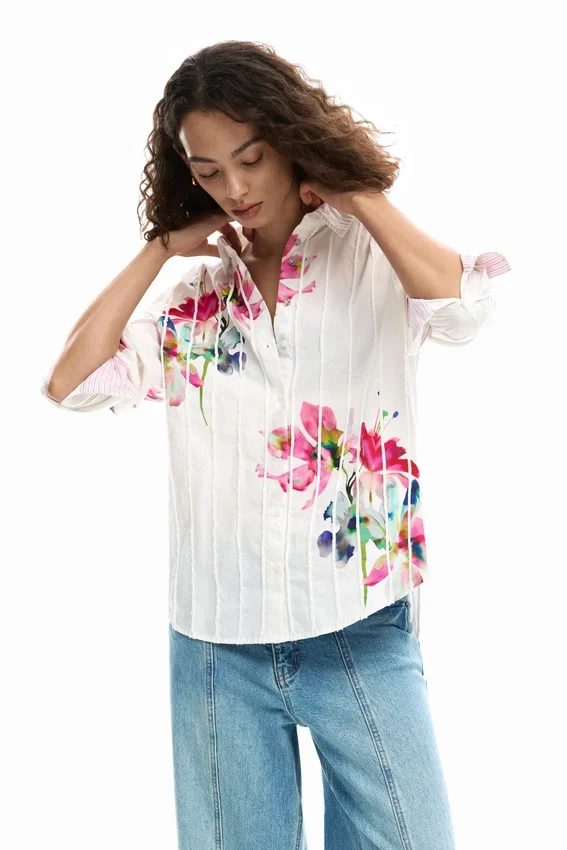 Pleated Long-Sleeve Floral Shirt Pleated Long-Sleeve Floral Shirt
