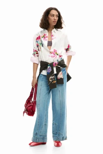 Pleated Long-Sleeve Floral Shirt