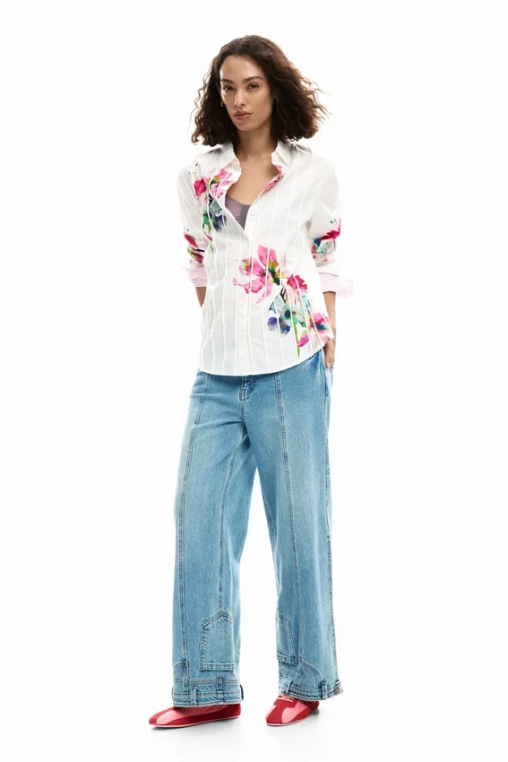 Pleated Long-Sleeve Floral Shirt Pleated Long-Sleeve Floral Shirt
