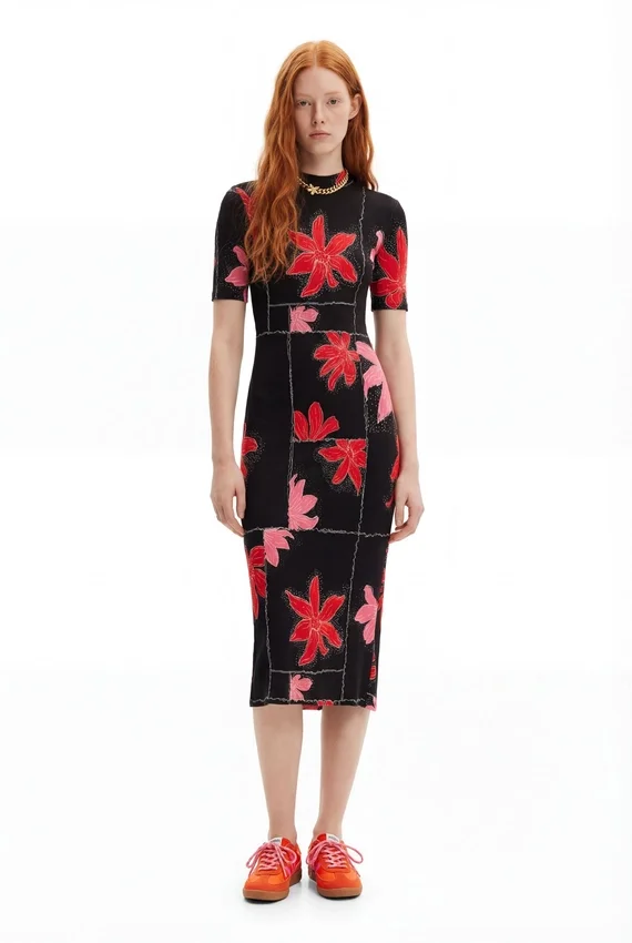 Ribbed Floral Midi Dress Ribbed Floral Midi Dress