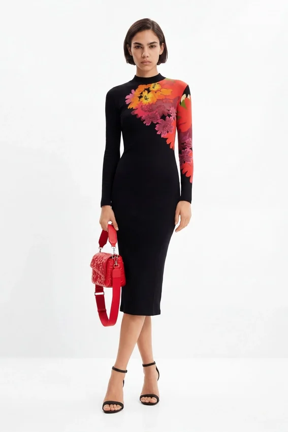 Ribbed Floral Midi Dress Ribbed Floral Midi Dress