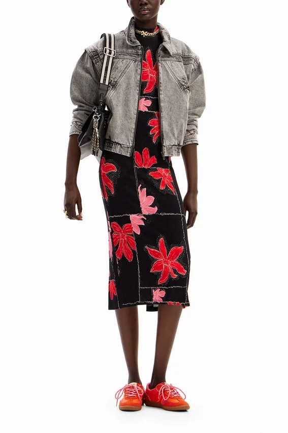 Ribbed Floral Midi Dress Ribbed Floral Midi Dress