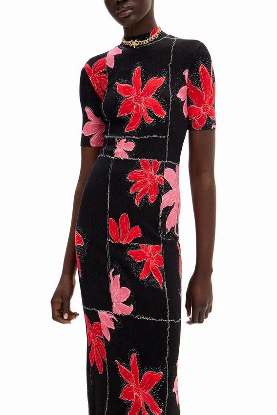 Ribbed Floral Midi Dress Ribbed Floral Midi Dress