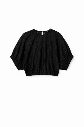 Short Puff-Sleeve Lace Blouse