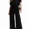Short Puff-Sleeve Lace Blouse