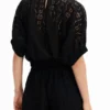 Short Puff-Sleeve Lace Blouse