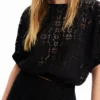 Short Puff-Sleeve Lace Blouse