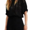 Short Puff-Sleeve Lace Blouse