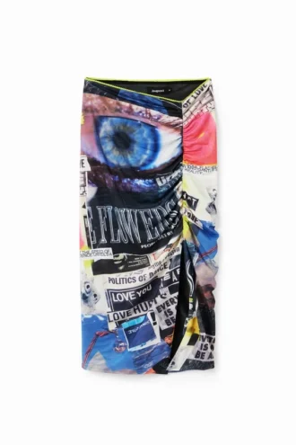 Slim Gathered Collage Midi Skirt