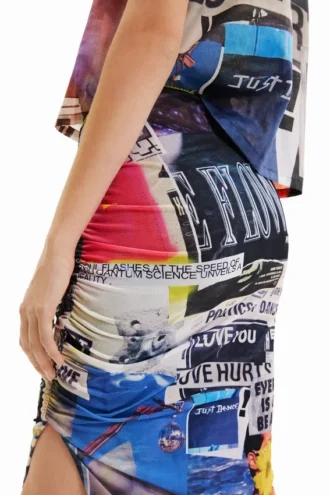 Slim Gathered Collage Midi Skirt