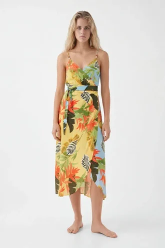 Tropical Wrap Midi Dress
