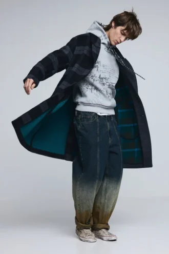 Wool Bimaterial Checkered Coat