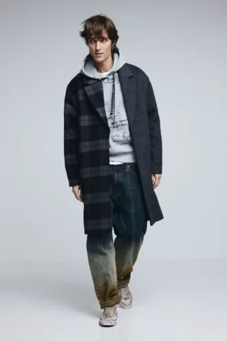 Wool Bimaterial Checkered Coat